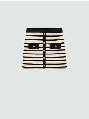 Mango Striped Black and Cream Button-Front Mini Skirt